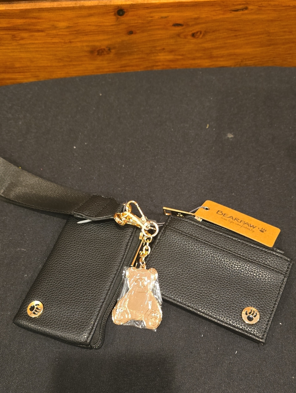 BearPaw Black Leather Card & Key Holder Wristlet with Gold Bear Charm